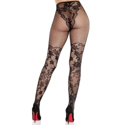 LEG AVENUE - Ciorapi tip stockings din dantelă Dahlia, cu detalii tip plasă , Negru