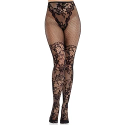 LEG AVENUE - Ciorapi tip stockings din dantelă Dahlia, cu detalii tip plasă , Negru