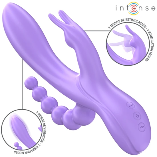 Vibrator Triple MIKO - Stimulator Vaginal, Clitoral și Anal, Mov, 7 Vibrații