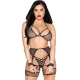 Set Top + Tanga + Jartieră + Cătușe - Negru, Mărime Unică