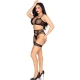 Set Top + Tanga + Portjartier - Detalii Inimioare, Negru, Mărime Unică
