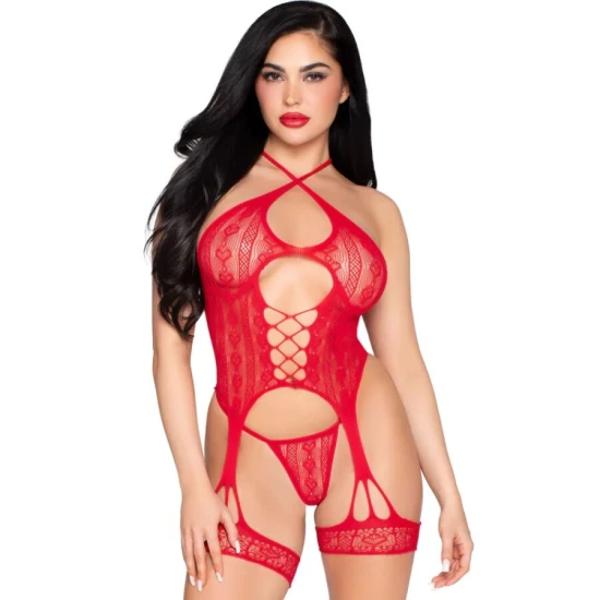 Body sexy Lace Open - Decupat, Roșu, One Size