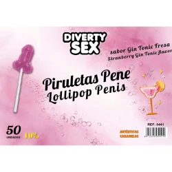 50 Bomboane tip lollipop în formă de penis, Gin Tonic cu aromă de căpșuni, 10% alcool, Roz deschis