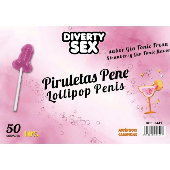 50 Bomboane tip lollipop în formă de penis, Gin Tonic cu aromă de căpșuni, 10% alcool, Roz deschis