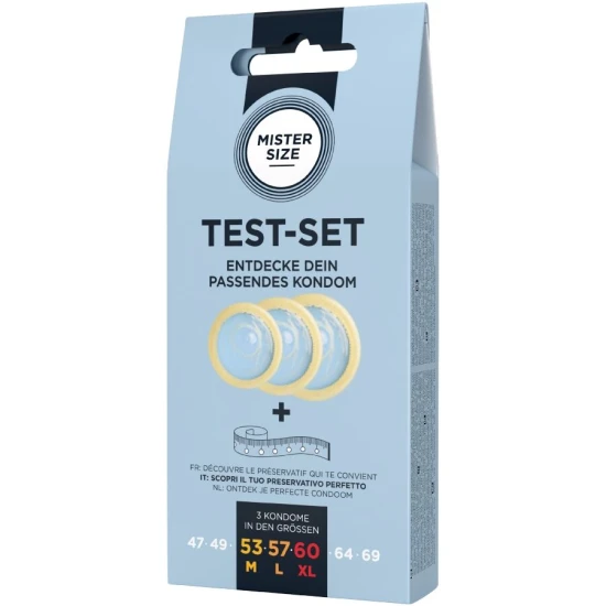 Set test 3 prezervative de dimensiuni diferite + bandă de măsurat