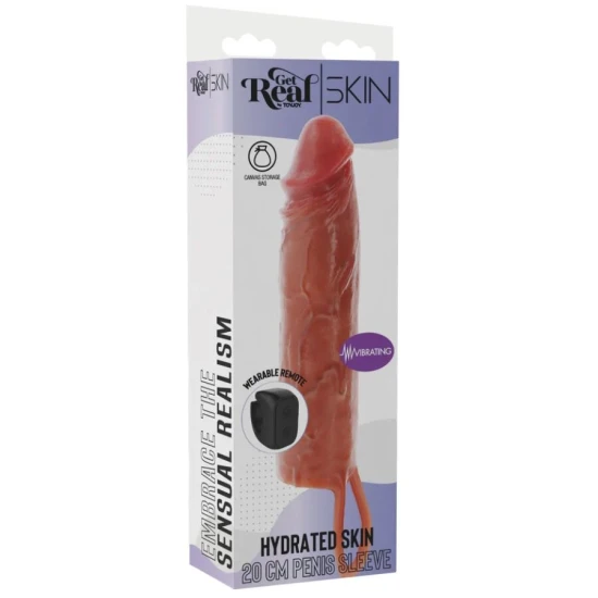 Penis Sleeve - Get Real - Mânecă vibratoră din silicon cu piele hidratată, Caramel, 20 cm