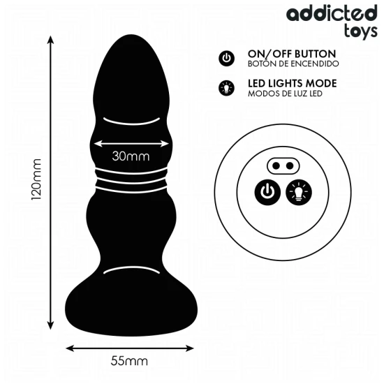 Plug anal cu vibrații și împingeri, LED, telecomandă, Negru