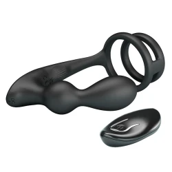 Plug anal vibrator cu inel pentru penis, telecomandă, Negru