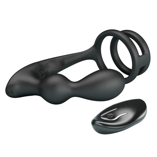 Plug anal vibrator cu inel pentru penis, telecomandă, Negru