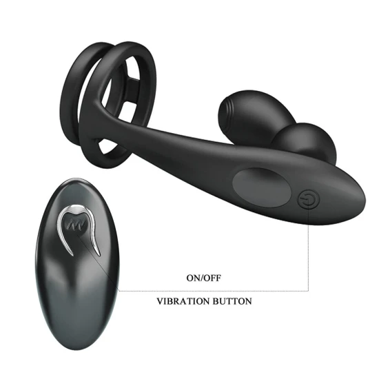 Plug anal vibrator cu inel pentru penis, telecomandă, Negru