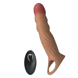 Mânecuță penis texturată cu vibrații și telecomandă, Roz