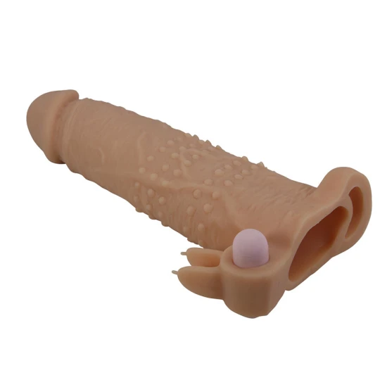 Mânecuță pentru penis cu stimulator clitoridian și vibrații, Roz