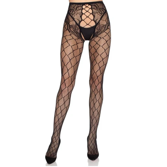 LEG AVENUE - Ciorapi tip plasă 1966 cu model net și chiloț fără întreținere, Negru - One Size