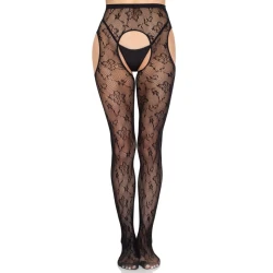 LEG AVENUE - Ciorapi tip suspensor cu model floral, Negru - ONE SIZE