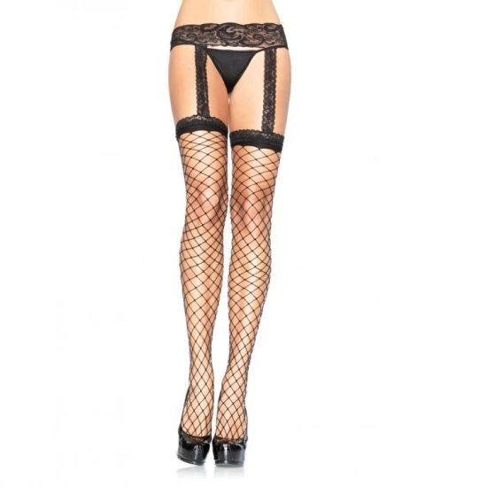 LEG AVENUE - Ciorapi tip plasă cu jartieră din dantelă neagră, Roz