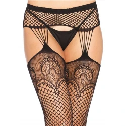 LEG AVENUE - Ciorapi tip plasă cu bretele, Negru