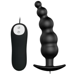 Plug anal din silicon, stimulare extra, Negru, telecomandă, 12 moduri de vibrație
