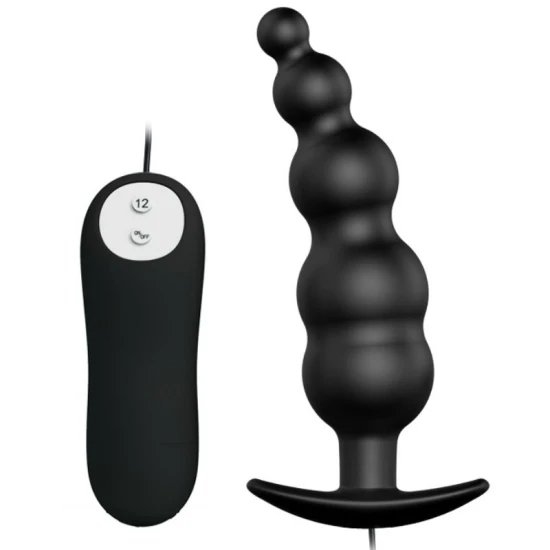 Plug anal din silicon, stimulare extra, Negru, telecomandă, 12 moduri de vibrație