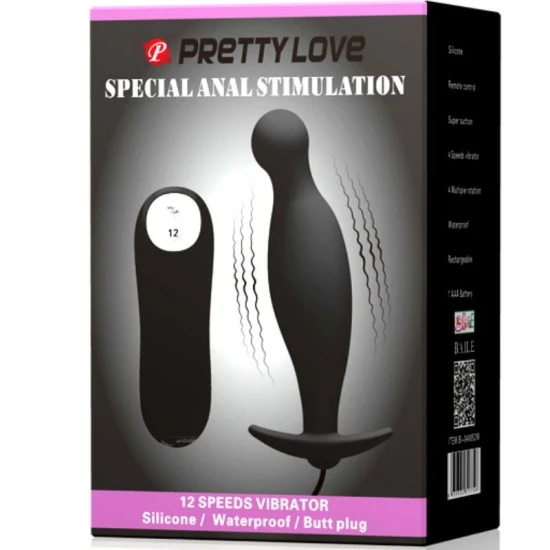Plug Anal Pretty Love, Silicon, 12 Moduri Vibrații, Negru