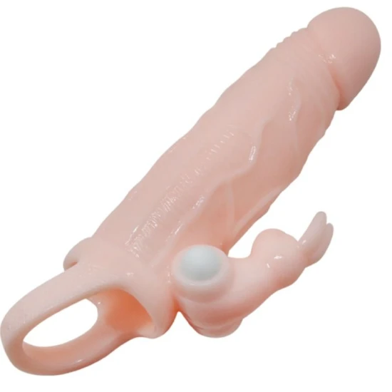 Penis cover din material Flesh, cu iepure vibrator și bullet dublu, 16.5 cm