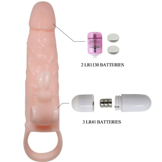 Penis cover din material Flesh, cu iepure vibrator și bullet dublu, 16.5 cm