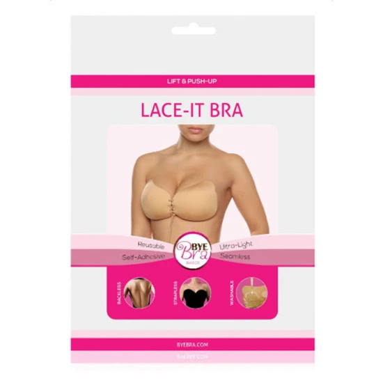 BYE-BRA - Sutien adeziv tip push-up din dantelă, Negru, Cupa C
