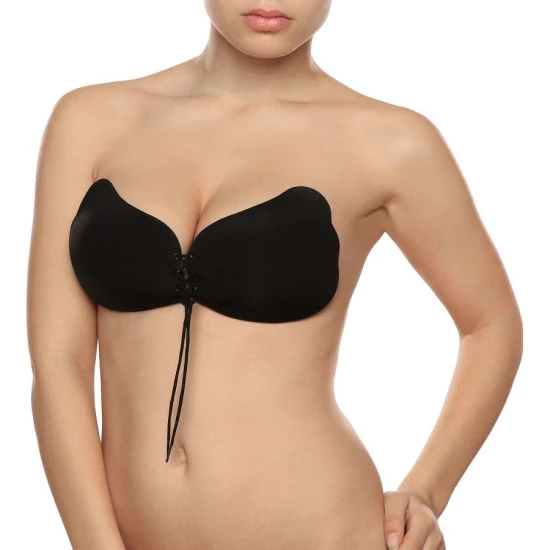 BYE-BRA - Sutien adeziv tip push-up din dantelă, Negru, Cupa C