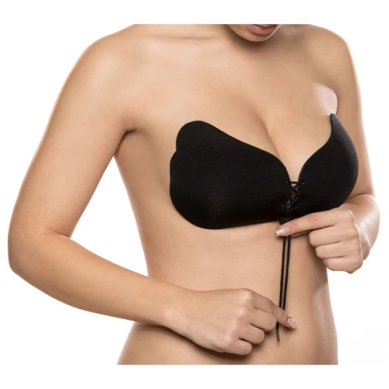 BYE-BRA - Sutien adeziv tip push-up din dantelă, Negru, Cupa C