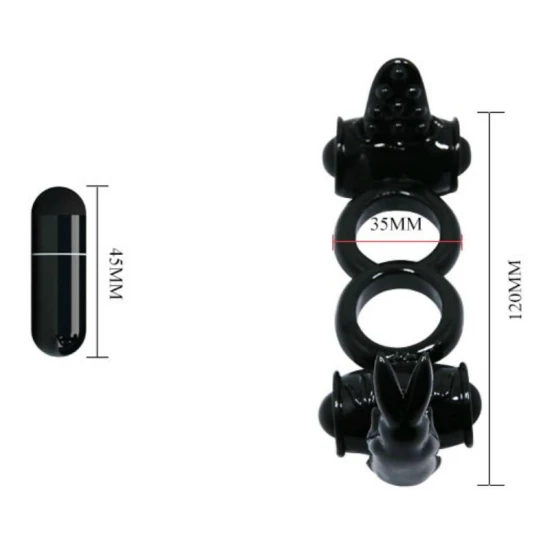 Inel vibrator tip double ring cu iepuraș dublu, Negru