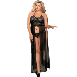 Set lingerie Queen Plus din dantelă florală, negru, top-dress și chilot