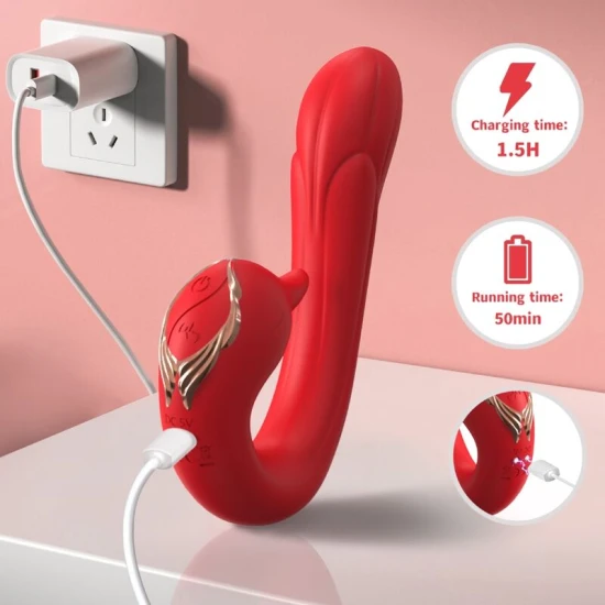 Delfin vibrator multipoziție cu efect de căldură, 100% waterproof, din silicon medical și ABS