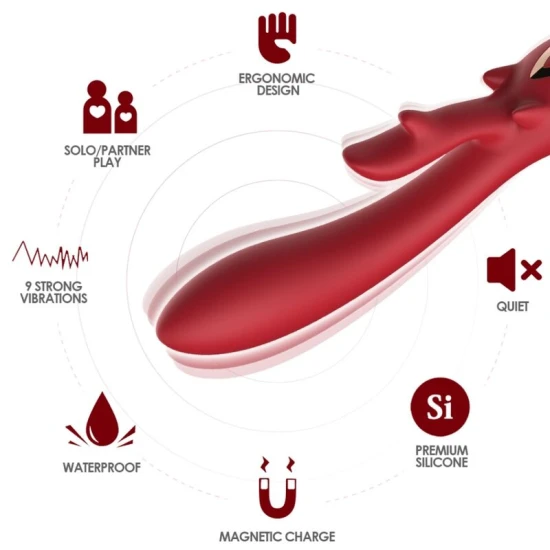 Vibrator Rabbit curbat din silicon medical, roșu. ARMONY, 3.7 V, 100% waterproof