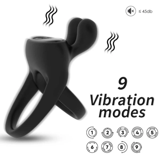 Inel vibrator Rabbit din silicon medical, negru, moduri de vibrație