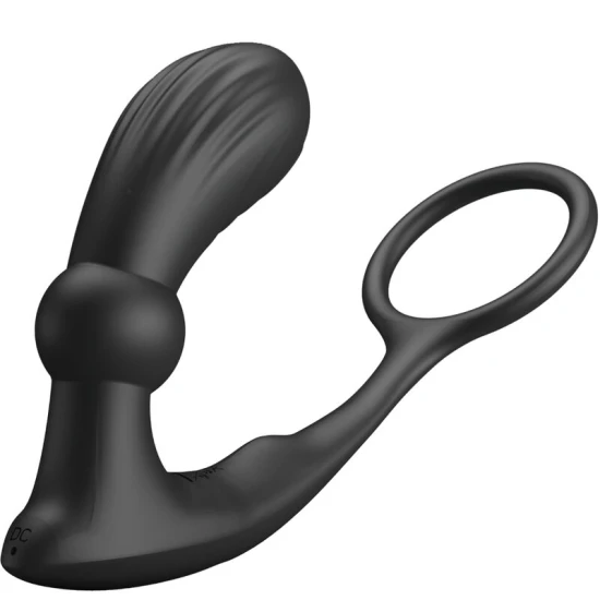 Inel penis și plug anal cu vibrator din silicon, negru, universal