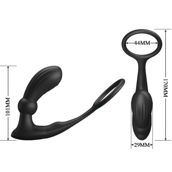 Inel penis și plug anal cu vibrator din silicon, negru, universal