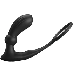 Inel penis și plug anal cu vibrator din silicon, negru, universal