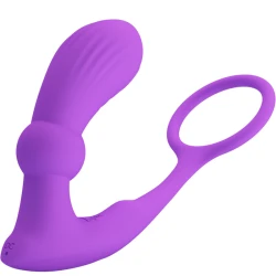 Inel penis și testicule cu plug anal vibrator din silicon, violet