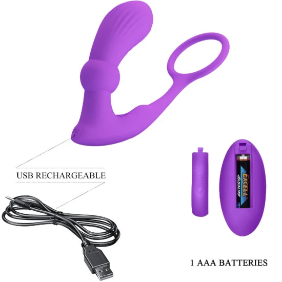 Inel penis și testicule cu plug anal vibrator din silicon, violet