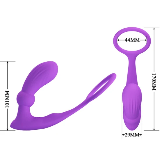 Inel penis și testicule cu plug anal vibrator din silicon, violet