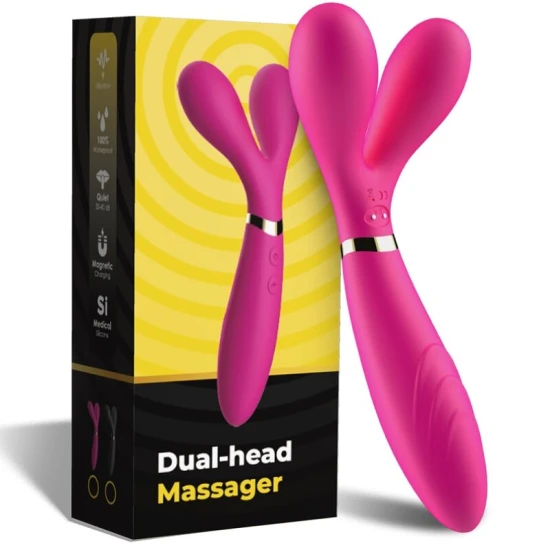 Masaj & vibrator cu 2 capete tip Y, dublu, din silicon medical, fuchsia