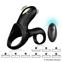 Inel vibrator dublu pentru cupluri, negru, din silicon medical & ABS
