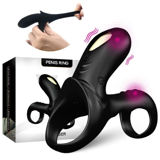 Inel vibrator dublu pentru cupluri, negru, din silicon medical & ABS