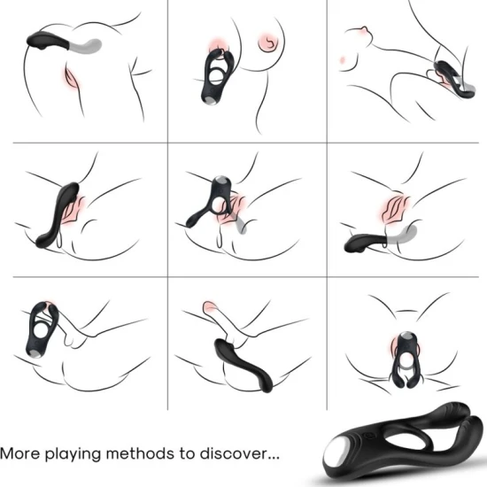 Inel vibrator dublu pentru penis din silicon medical, negru, USB reîncărcabil