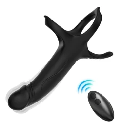 Dildou cu inel și vibrator cu telecomandă, negru, control la distanță