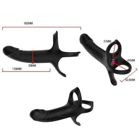 Dildou cu inel și vibrator cu telecomandă, negru, control la distanță
