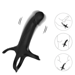 Dildou cu inel și vibrator cu telecomandă, negru, control la distanță