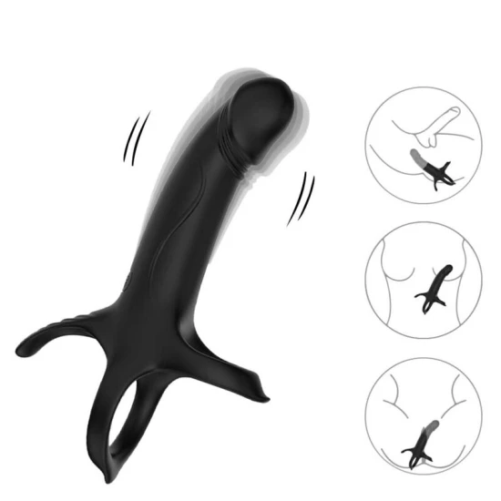 Dildou cu inel și vibrator cu telecomandă, negru, control la distanță