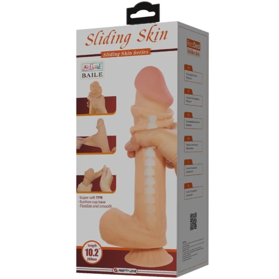 DILDO REALIST CU PIELE GLISANTĂ, CUPĂ DE SUCȚIE, Model Sliding Skin Series, Culoare Flesh, 26 cm