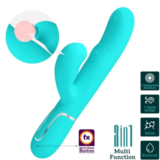 Vibrator rabbit multifuncțional 3 în 1 din ABS și silicon, verde aqua