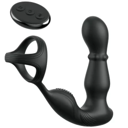 Inel și Masator Anal Vibrator cu Telecomandă - Negru, Mărime Unică